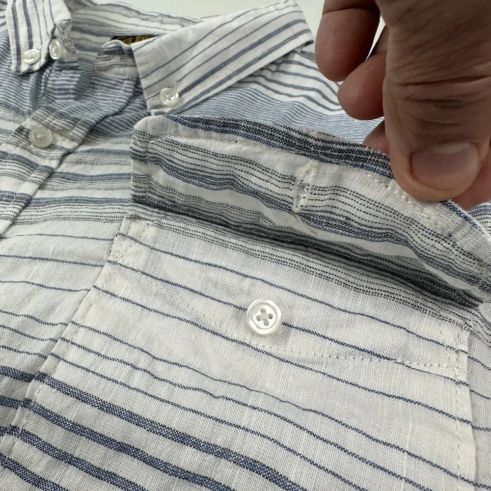 True Religion Men's Linen Cotton Shirt XXL White Blue Striped 2XL Long Sleeve‎